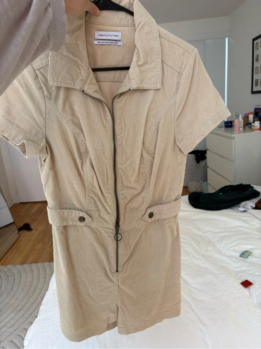 Urban Outfitters Beige Short-Sleeve Corduroy Zip Dress Jacket